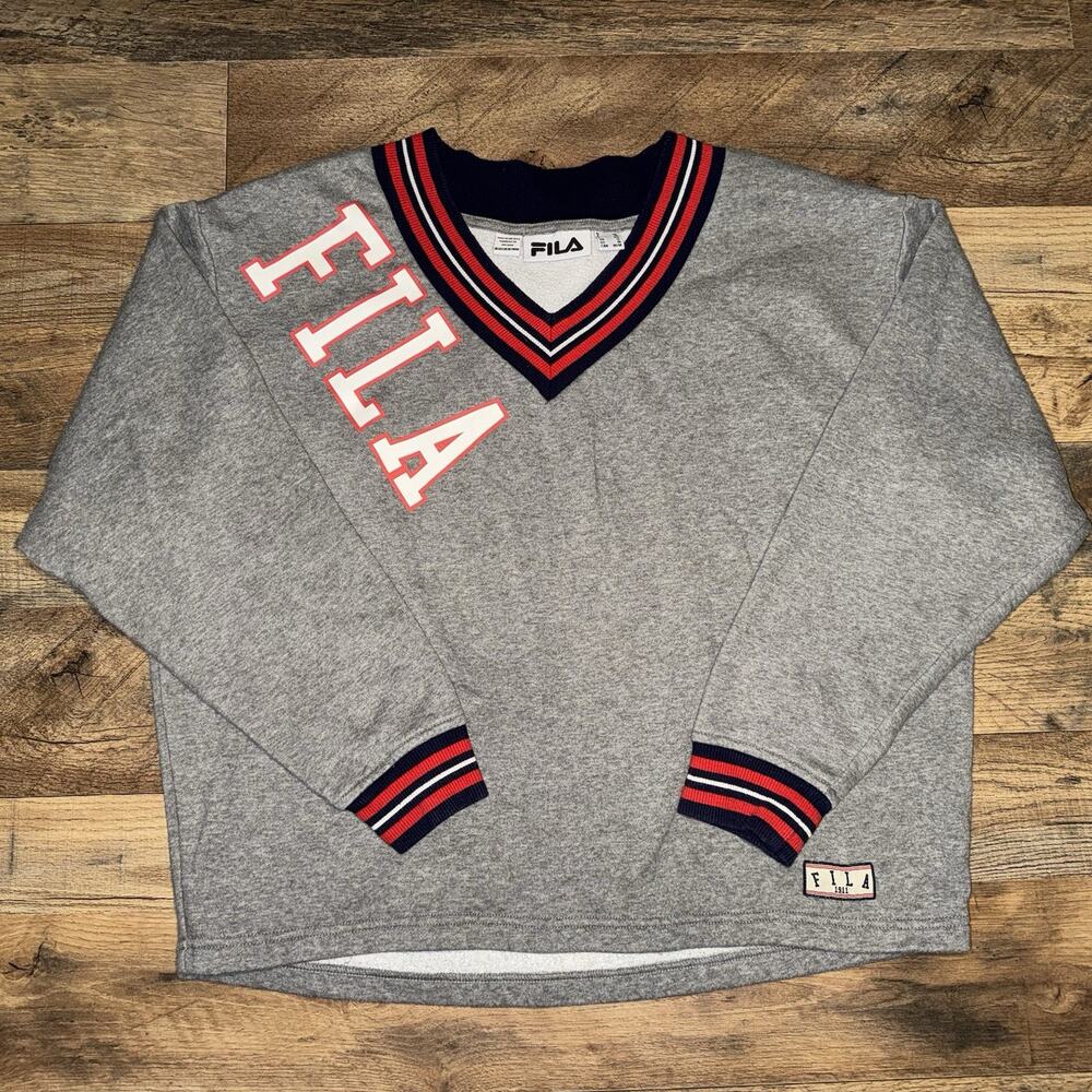 Vintage Y2K Fila‎ V Neck Boxy Crewneck Sweatshirt Size Medium Grey